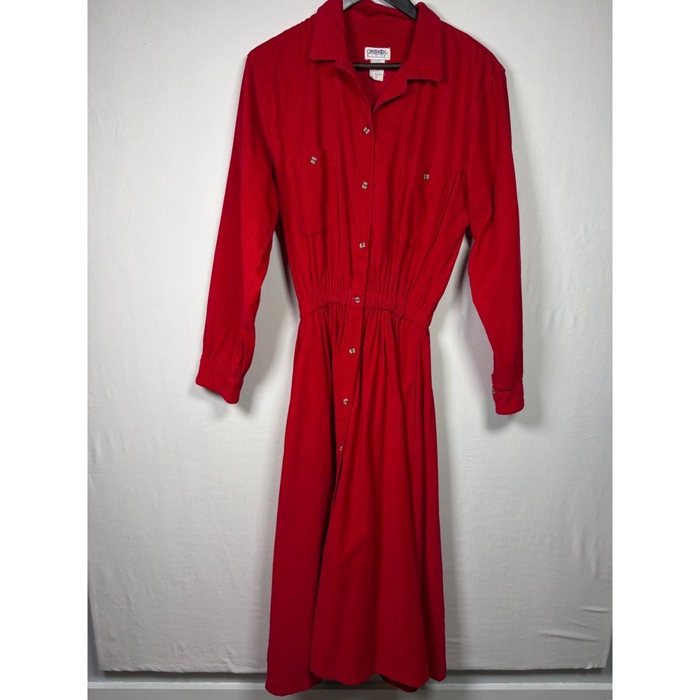 Vintage Oakbrook Sport Corduroy Midi Shirt Dress Red Prairie Fall Long Sleeve 12